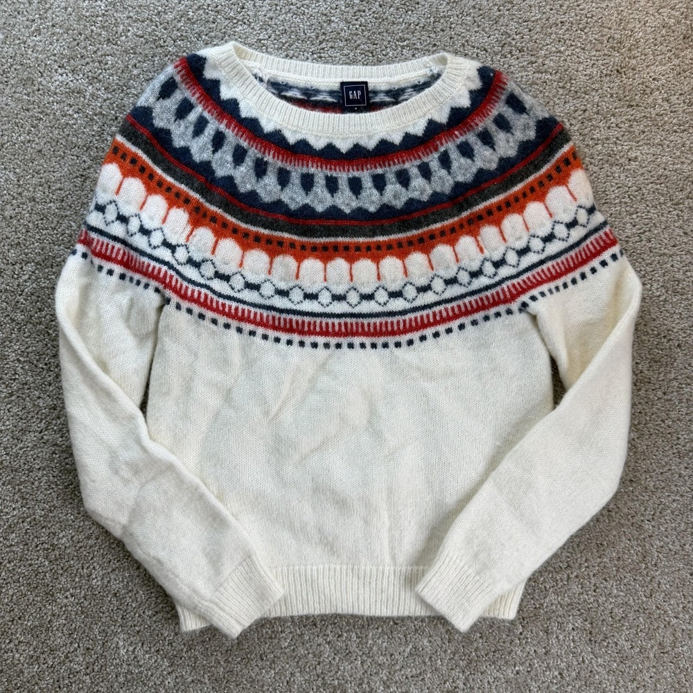 Gap Sweater Womens Medium White Fair Isle Crew Neck Mohair Wool Knit Pullover